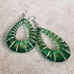 Handcrafted Retro 80s Statement Green Lucite Open Teardrop Wire Wrapped Earrings